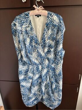 EUC Express Blue & White Printed faux Wrap Dress size XL tuliphem elastic waist